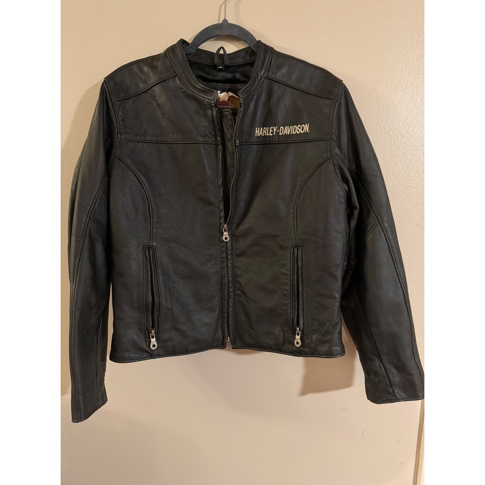 Harley Davidson Womens Leather Jacket Black Zip Up Motorcycle Riding Biker siz M